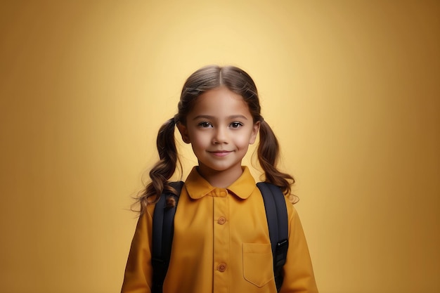 Photo funny child school girl on yellow background