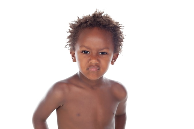 Funny child with angry face shirtless 