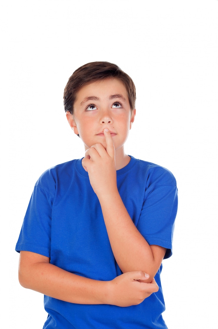Photo funny child with ten years old and blue t-shirt 