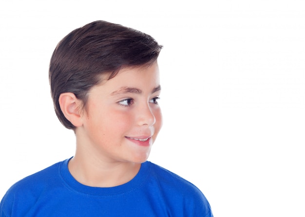Funny child with ten years old and blue t-shirt 