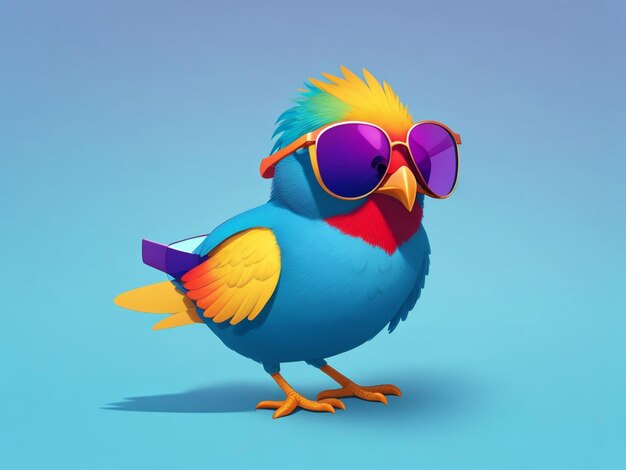 funny childish bird wearing sunglasses on color background