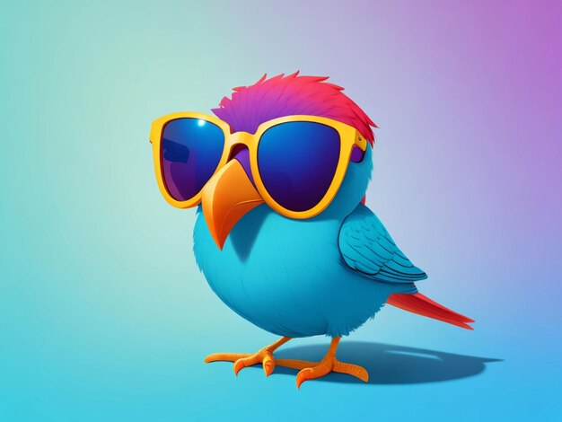 Photo funny childish bird wearing sunglasses on color background