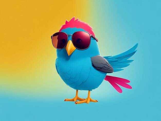 Funny childish bird wearing sunglasses on color background