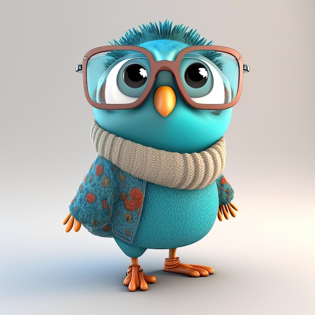 Funny childish blue bird wearing sunglasses on a light color background Generative AI