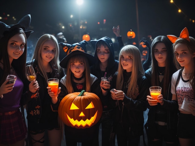 Funny children in carnival costumes on halloween Halloween party with pumpkins