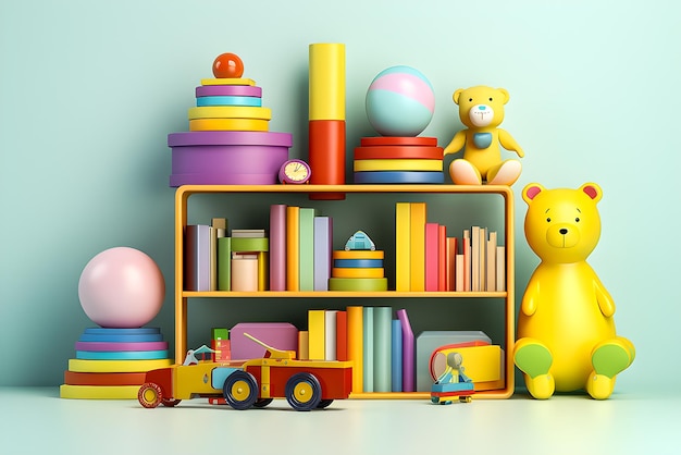 재미있는 어린이 그림 다채로운 책과 환상적인 장난감 최소 장면 3d 렌더링 AI 생성