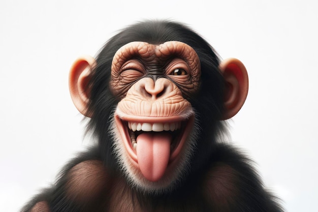 Funny chimpanzee winking and sticking out tongue with copy space for text on solid white background ai generative