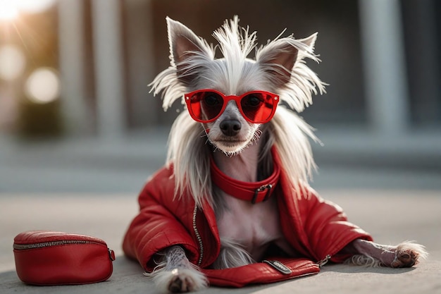 Funny Chinese Crested in red sunglasses AI generated