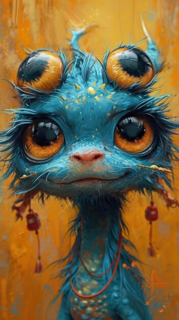 A funny Chinese dragon with enormous exaggerated eyes yellow futuristic background in the style of reylia slaby anton semenov ar 916 style raw stylize 750 v 6 Job ID 18ce09ff1a764d35a30823a717635881