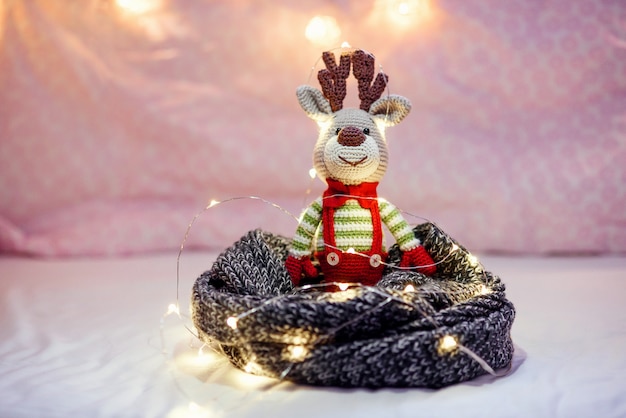 Funny Christmas deer in striped sweater and stylish red butterfly tie near christmas lights on the pink .