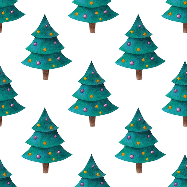 Photo funny christmas tree watercolor seamless pattern on white background