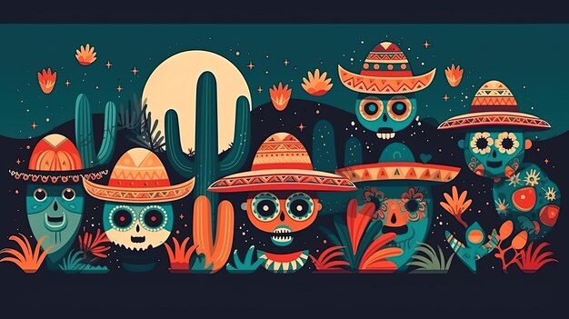 funny cinco de mayo illustration with skulls mexican hats and cactus