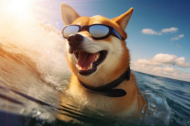Funny close up photo of dog swimming and enjoying sea waves wearing sunglasses