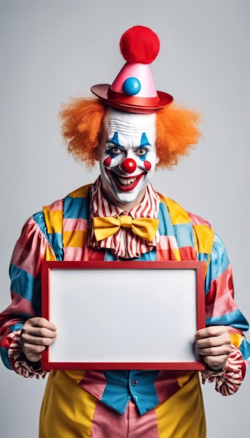 Photo funny clown holding blank board for april fools background