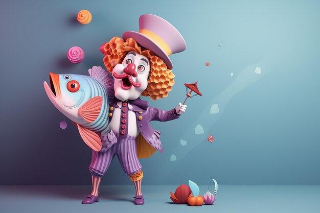 A funny clown holds a big fish in his hand on a blue background The concept of April Fools