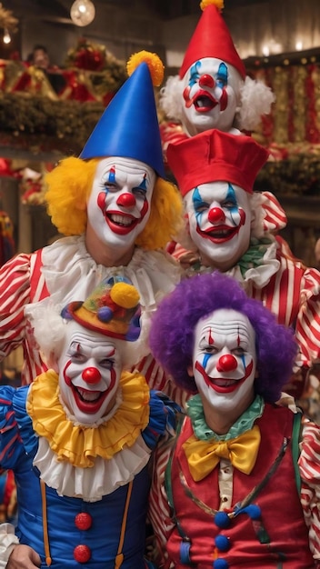 Foto i pagliacci divertenti alla festa mostrano le loro buone emozioni