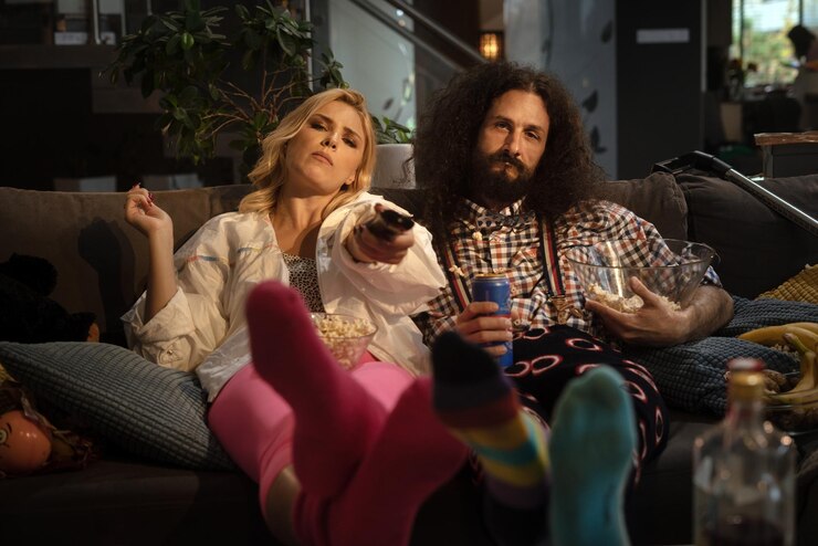 Photo funny couple spending time together at home