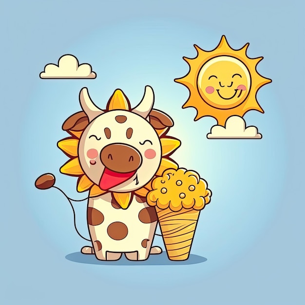 Funny cow eating an tasty ice cream in summer Generative AI