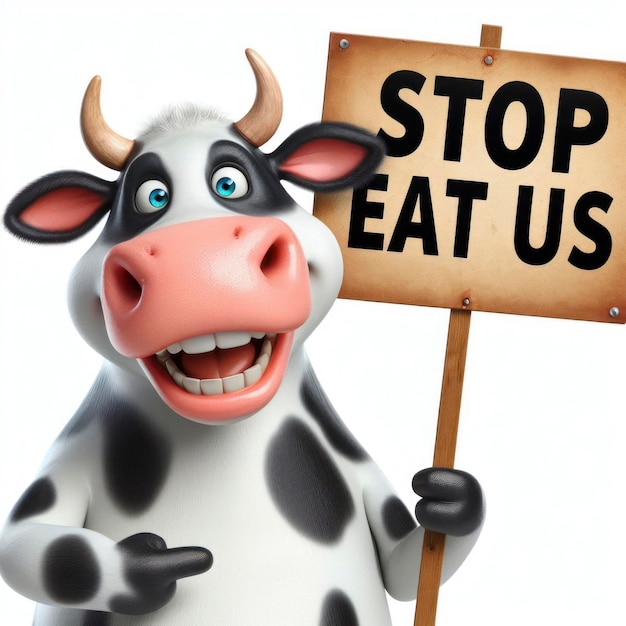 Photo funny cow holding a sign with the inscription stop eat us on white isolated background ai generative