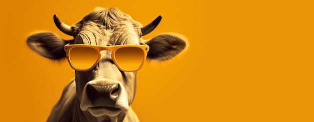 Funny cow in sunglasses vacation concept panoramic banner Generative Ai