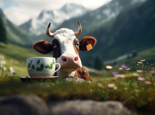 Funny cow with a mug of milk in the background of alpine meadows