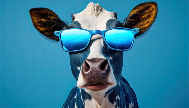 Funny Cow with Sunglasses on Blue Background Generative AI