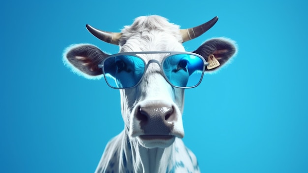 Funny cow with sunglasses in front of blue studio back Generative Ai