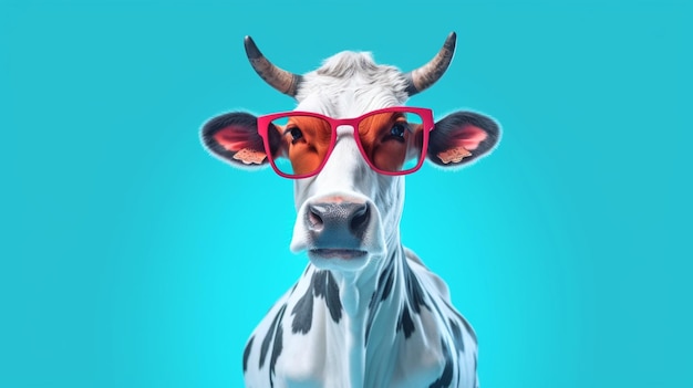 Funny cow with sunglasses in front of blue studio back Generative Ai