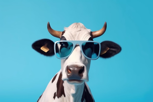 Funny cow with sunglasses in front of blue studio background AI