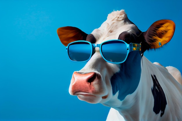 Funny cow with sunglasses in front of blue studio background Generative AI