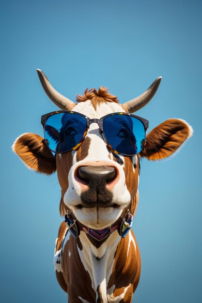 青いスタジオの背景の前でサングラスをかぶった面白い牛 ジェネレーティブAI