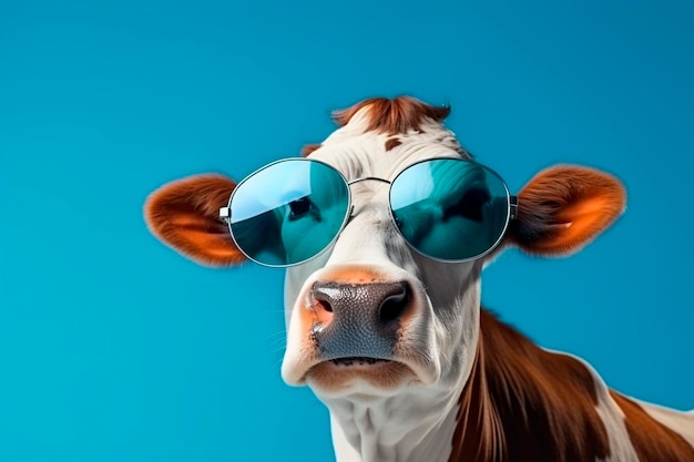 Funny cow with sunglasses studio background