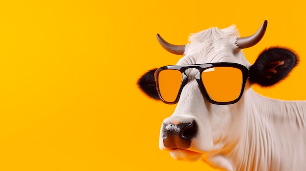 Funny cow with sunglasses studio background