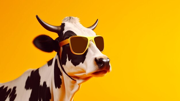 Funny cow with sunglasses studio background