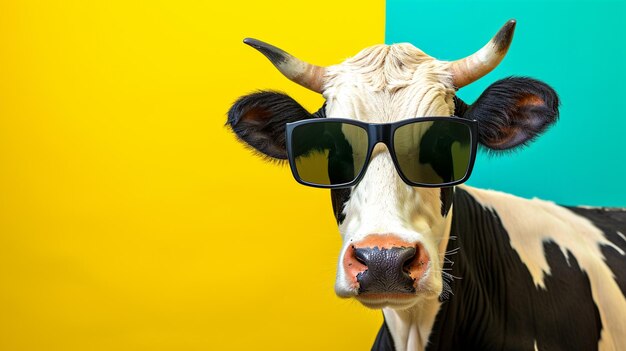 Funny cow with sunglasses in studio with a colorful and bright background Curious Cow AI Generative