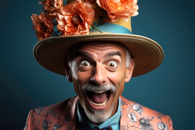 Foto uomo adulto divertente e pazzo con un cappello su uno sfondo blu