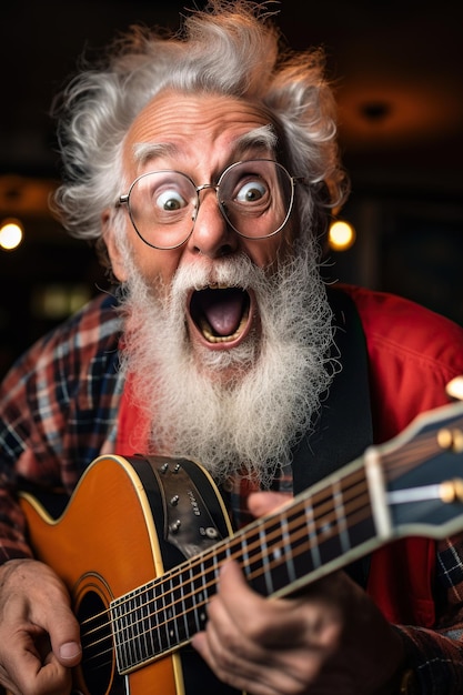 funny crazy elderly man surprised look playing the guitar