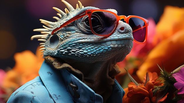 Funny and creative art an iguana with glasses and a vivid jacket generated by AI