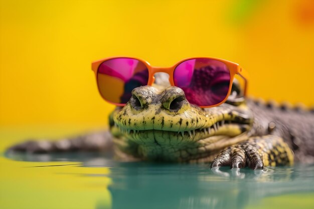 Funny crocodile wearing sunglasses in studio with a colorful and bright background generative ai