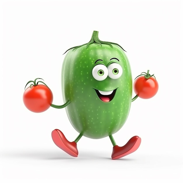 Funny cucumber dancing with a tomato on a white background funny vegetables cartoon style