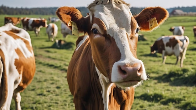 Funny curious cow looking at the camera while other cows eating hay in background at cattle farm