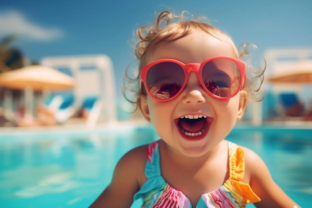 Funny cute baby girl on summer vacation Child having fun in swimming pool Sweet toddler girl in c