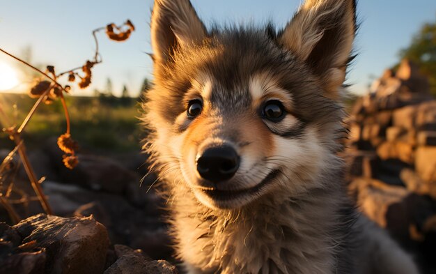 面白いかわいい赤ちゃんオオカミの自撮り写真をクローズ アップ