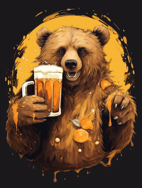 황금 맥주 머그잔을 들고 재미있는 귀여운 곰