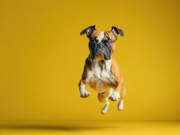 Funny cute boxer dog run on soft pastel yellow background ai generative