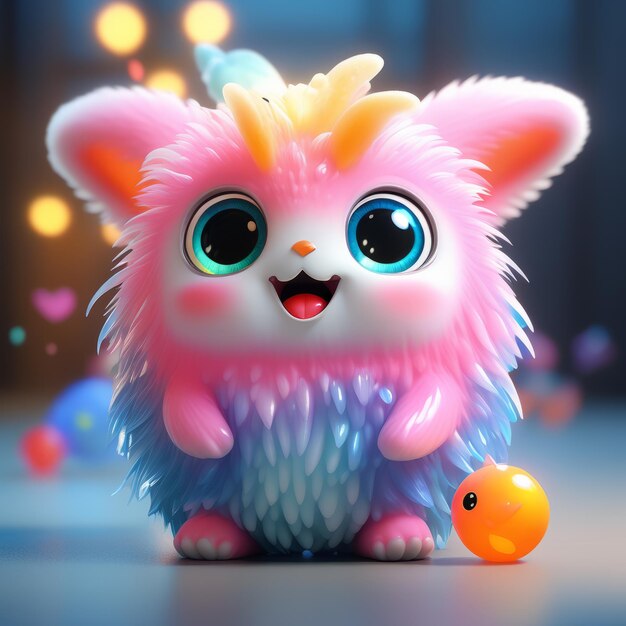Фото Смешный милый мультфильмный персонаж розового котенка с мячом на голове и улыбающейся 3d иллюстрацией