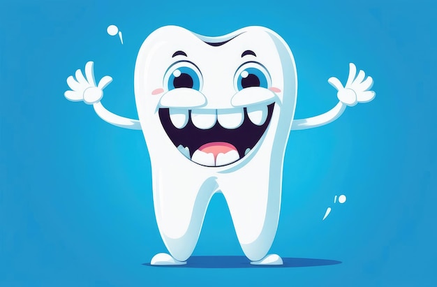 funny cute cartoon character of white tooth on blue background pediatric dentistry stomatology