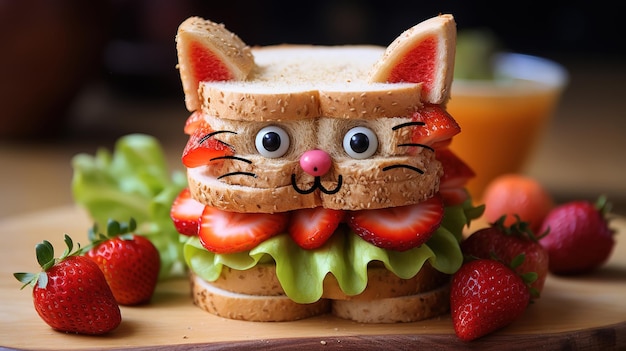 写真 楽しい可愛い猫サンドイッチ ピーナッツバター バナナとストロベリー 子供のための ゲネレーティブ・アイ