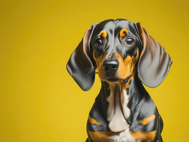 Funny cute dachshund dog on soft pastel yellow background ai generative