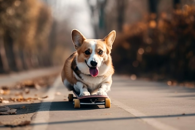 Funny cute dog skateboarder rides a skateboard in summer on road in city Generative AI